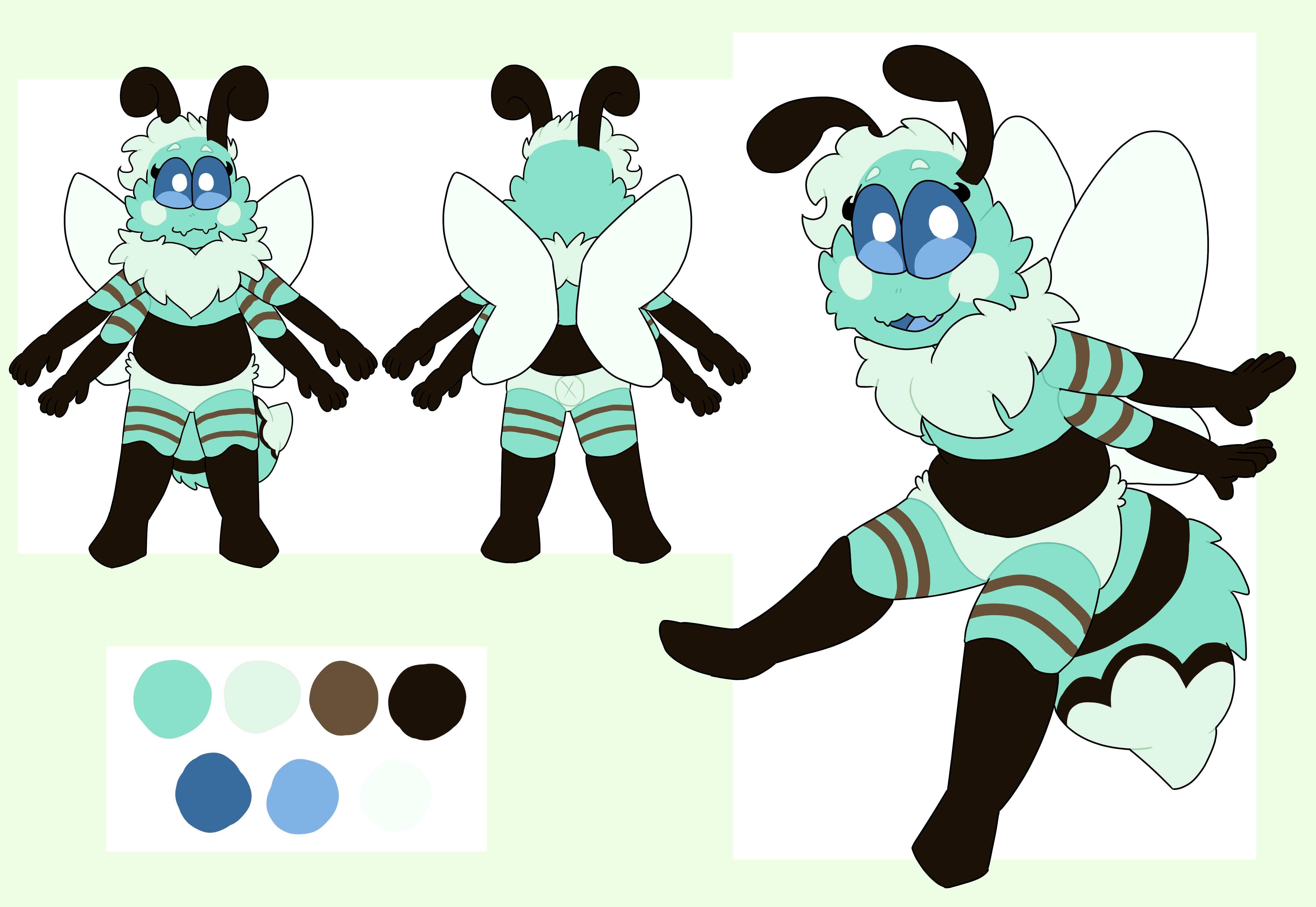 Menthe's reference photo. In addition to Menthe's full-body reference,
                        there are also front and back views of them, as well as color swatches pulled from their design.